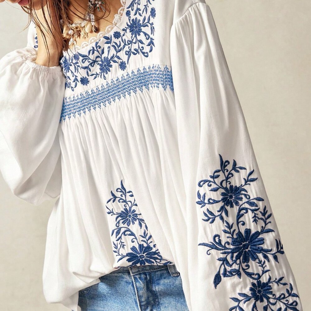 Blue And White Boho Women's Plus Size Floral Embroidery Drop Shoulder Shirt
